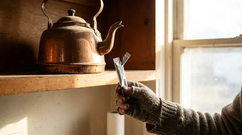 Low-angle close-up of a cold, dusty copper kettle on a high kitchen shelf above a weathered hand holding a torn-open powder stick