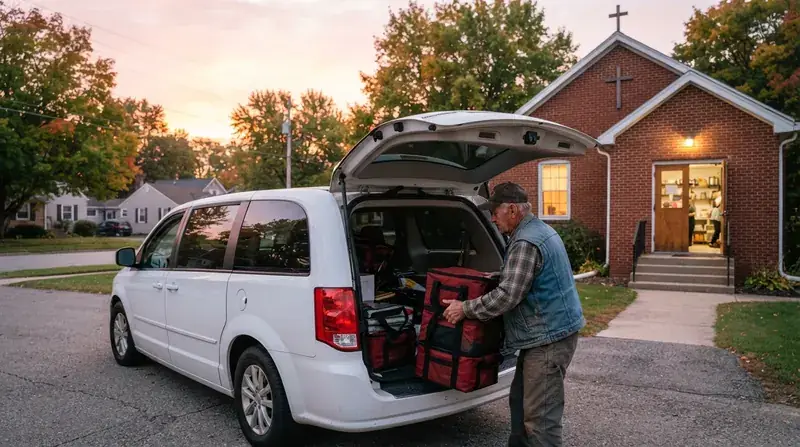 A white minivan with its hatch open being loaded with insulated meal carriers outside a small-town church kitchen at dawn
