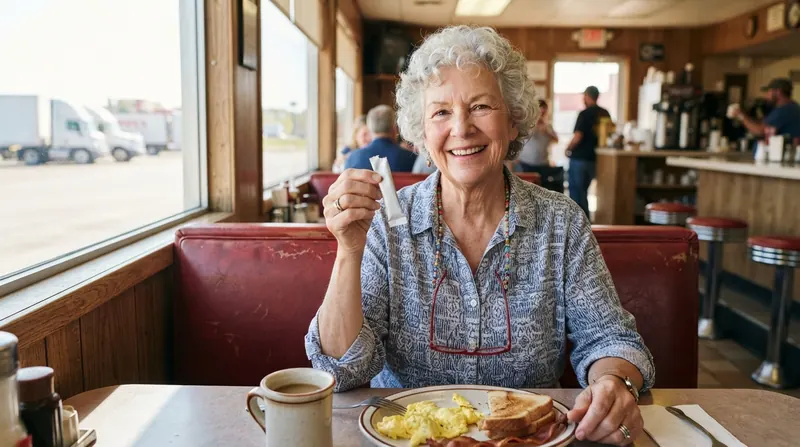 A smiling woman in her late sixties at a diner booth holding up a slim powder stick packet she has just torn open