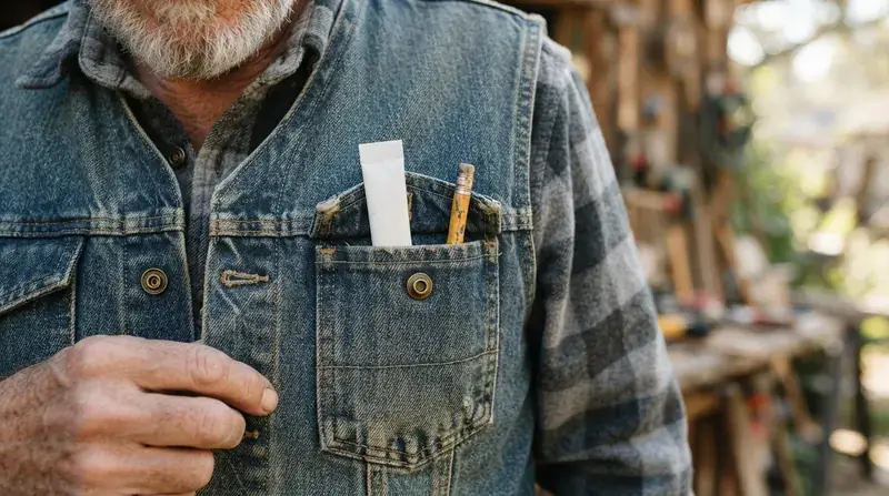 The chest pocket of a worn denim work vest with a slim powder stick packet tucked inside next to a pencil