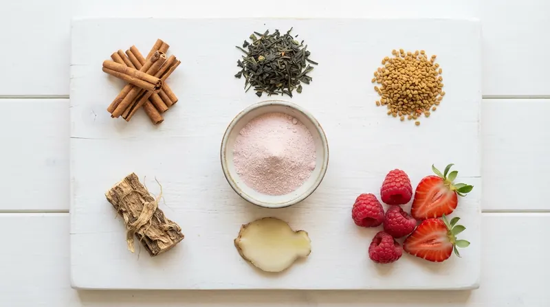 A flat lay of the plant ingredients behind the panel on a white board: cinnamon quills, green tea leaves, fenugreek seeds, chicory root, konjac root, raspberries and strawberries