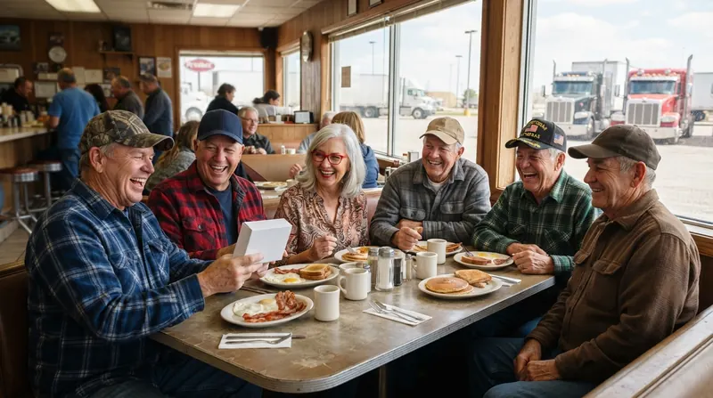 A table of retired men and a woman laughing over breakfast in a sunny truck stop diner booth, coffee mugs and plates on the table