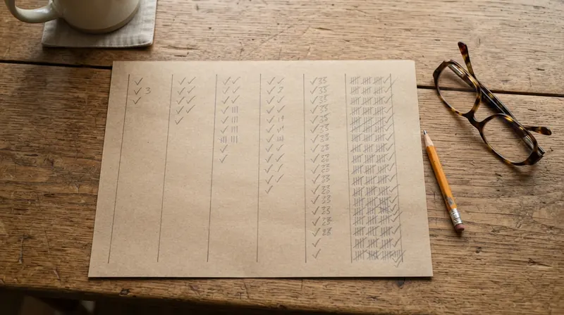 A hand-drawn chart on kraft paper with six columns of pencil check marks getting fuller from left to right, a pencil beside it