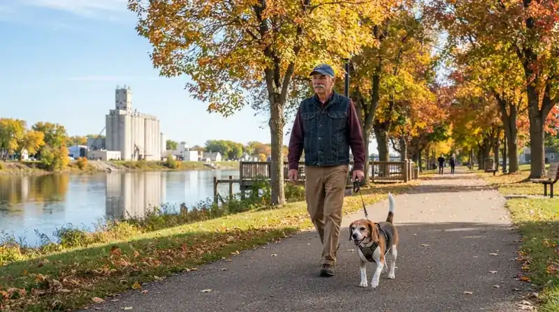 A man in his sixties walking a beagle along a sunny riverside path in a small town in the early morning
