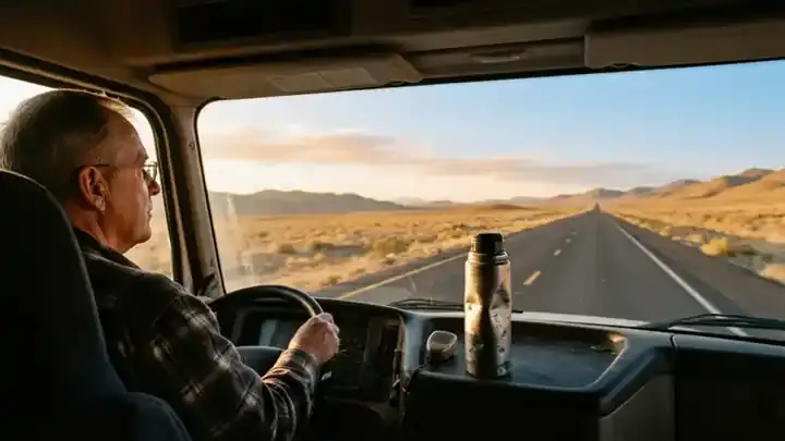 The view from a truck cab at sunrise over an empty Western highway, a thermos on the dashboard