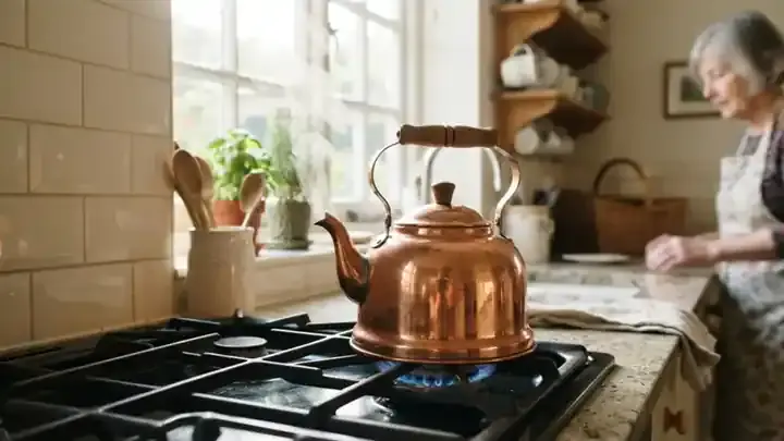 Steam curling from the spout of a copper kettle on a sunny stove, slow zoom
